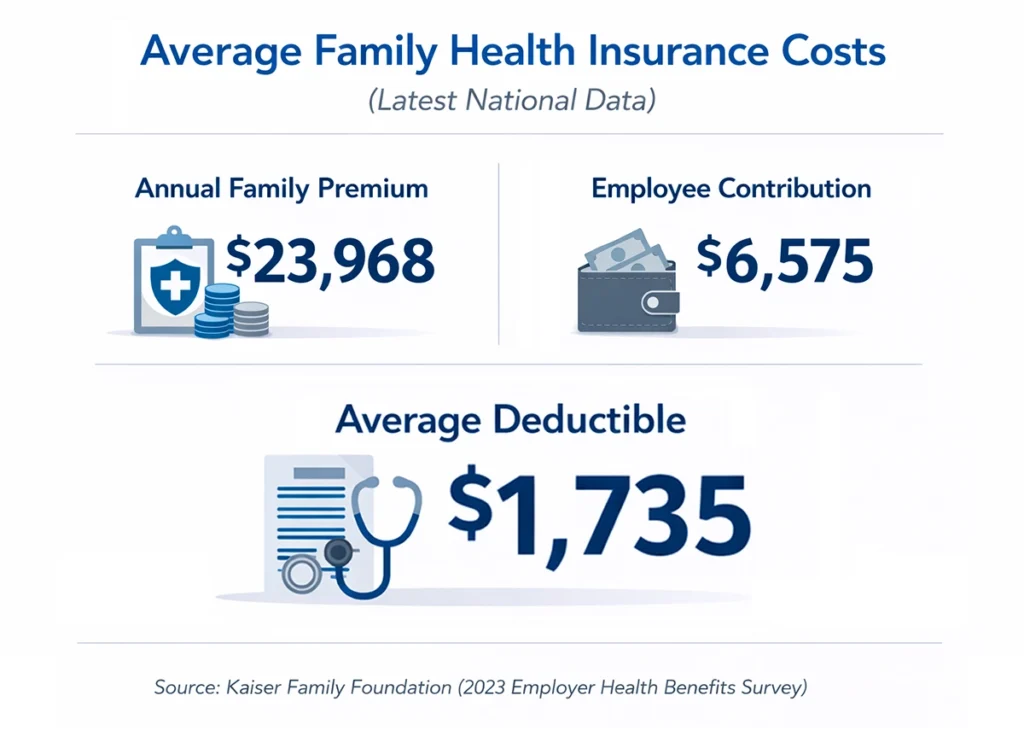 Infographic showing average family health insurance premium, employee contribution, and deductible based on latest national survey data.
