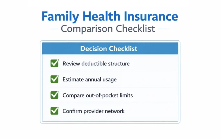 Checklist graphic summarizing key factors to review when comparing family health insurance plans.