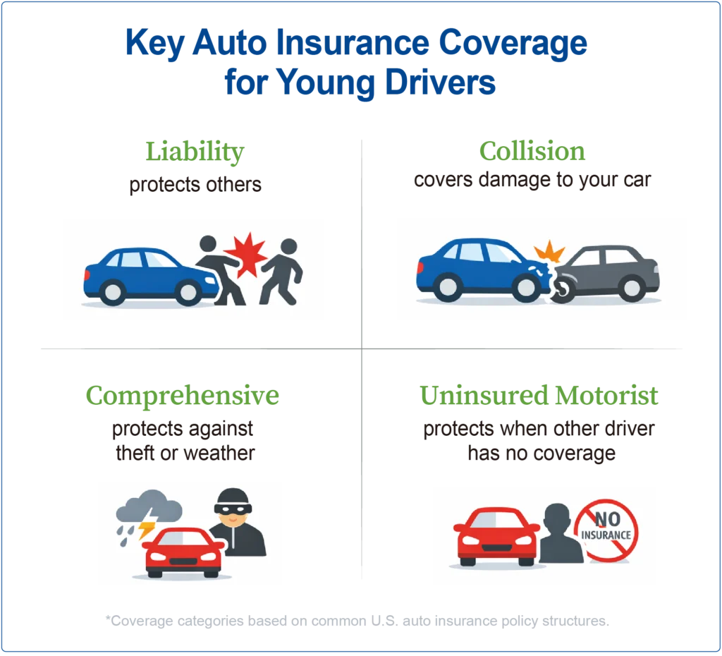 auto insurance comparison for young drivers showing liability, collision, and comprehensive coverage differences