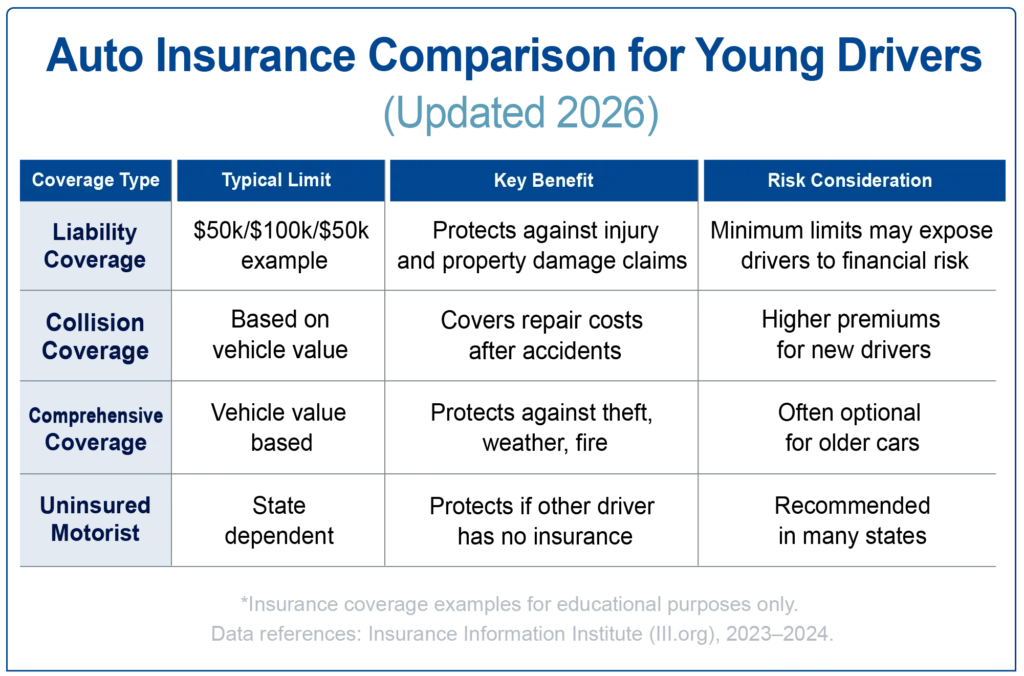 auto insurance coverage comparison chart for young drivers including liability collision comprehensive uninsured motorist
