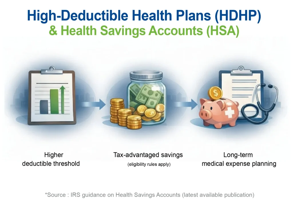 Infographic explaining high-deductible health plans and HSA strategy for self-employed individuals.