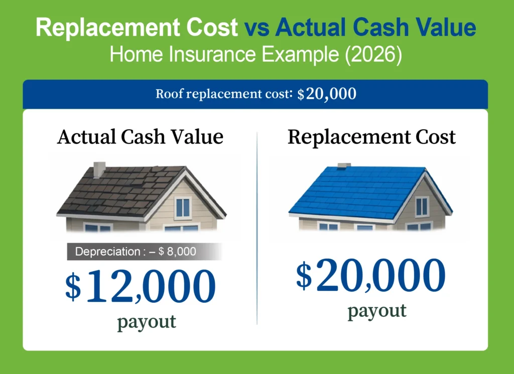 Replacement cost versus actual cash value comparison in home insurance policies.
