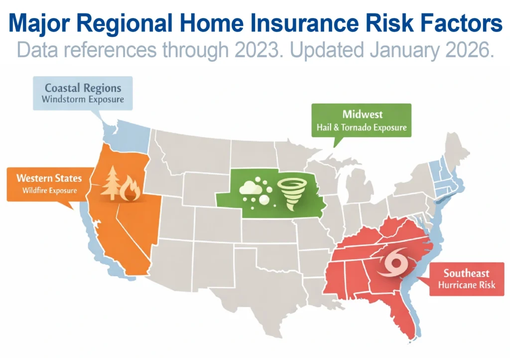 Regional home insurance risk factors across the United States for new homeowners.
